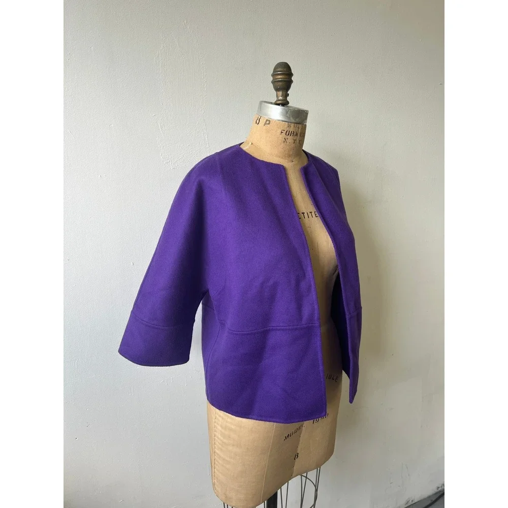 Michael Kors Purple Wool Open Front Jacket 3/4 Sleeve Collarless Boxy Crop 6